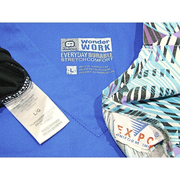 Lot 3 Scrub Tops V-Neck Wonderwink Expo Blue Black Multicolor Pockets Size Large - Picture 2 of 8